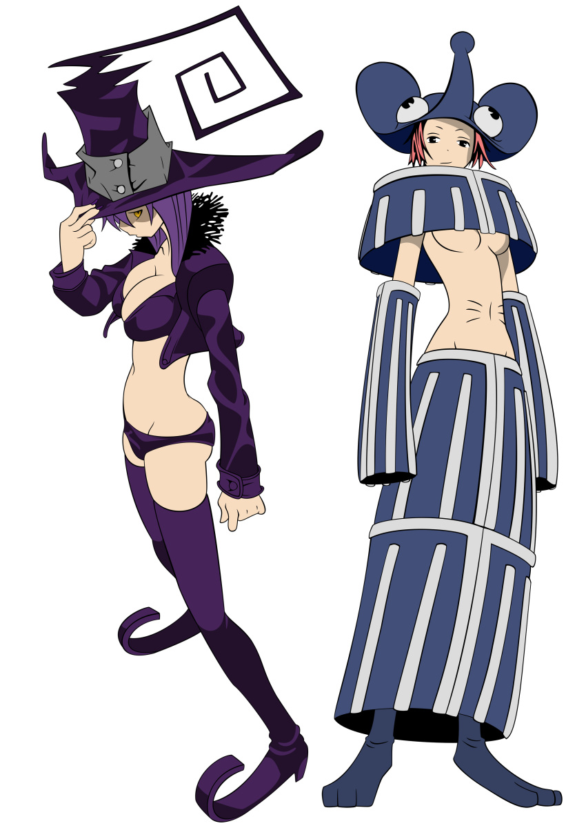 2girls absurdres animal_costume animal_ears blair_(soul_eater) breasts censored cleavage from_side groin hat highres medium_breasts mizune_(soul_eater) mouse_costume mouse_ears multiple_girls navel no_bra soul_eater transparent_background underboob vector_trace witch witch_hat yellow_eyes