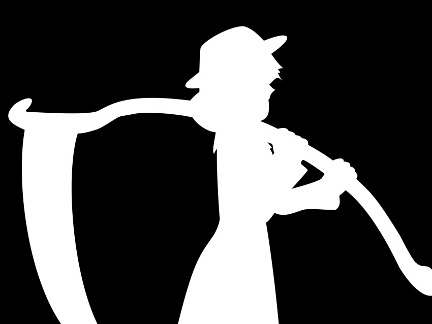 anira bad_apple!! black_background elly_(touhou) female greyscale hat highres holding holding_scythe long_sleeves monochrome profile scythe silhouette simple_background solo touhou touhou_(pc-98) upper_body vector_trace