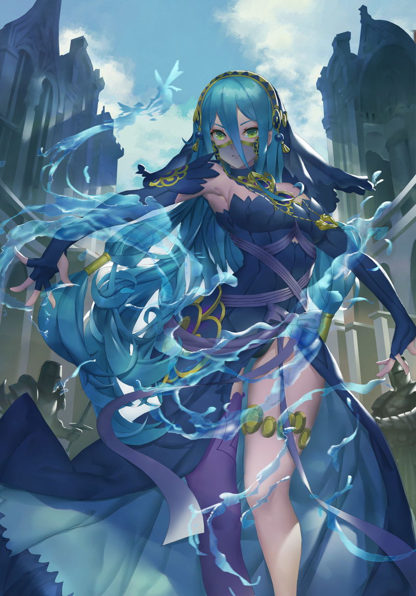 absurdres armor armpits azura_(fire_emblem) azura_(performing_arts)_(fire_emblem) bare_shoulders blue_bow blue_dress blue_gloves blue_hair bow breasts building closed_mouth commentary_request day dress elbow_gloves female fingerless_gloves fire_emblem fire_emblem_fates fire_emblem_heroes gloves green_eyes hair_between_eyes hair_tubes hairband highres hydrokinesis knight long_hair looking_at_viewer low-tied_long_hair mag_(huangmag) md5_mismatch medium_breasts outdoors outstretched_arms photoshop_(medium) purple_legwear see-through single_thighhigh smile solo_focus spread_arms thigh_strap thighhighs v-shaped_eyebrows veil very_long_hair water