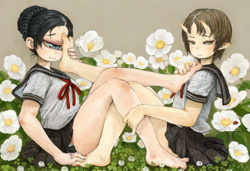 2girls bare_legs barefoot black_hair black_sailor_collar black_skirt blue_eyes blush braid brown_hair bug closed_mouth commentary_request cyclops ebimomo feet flower foot_on_another's_face foot_on_chest from_side green_eyes hair_bun hands_on_feet horns ladybug looking_at_viewer mole mole_under_eye multiple_girls neck_ribbon one-eyed oni original pleated_skirt pointy_ears red_ribbon ribbon sailor_collar school_uniform shirt short_sleeves single_hair_bun sitting skin-covered_horns skirt smile toenails white_flower white_shirt yuri