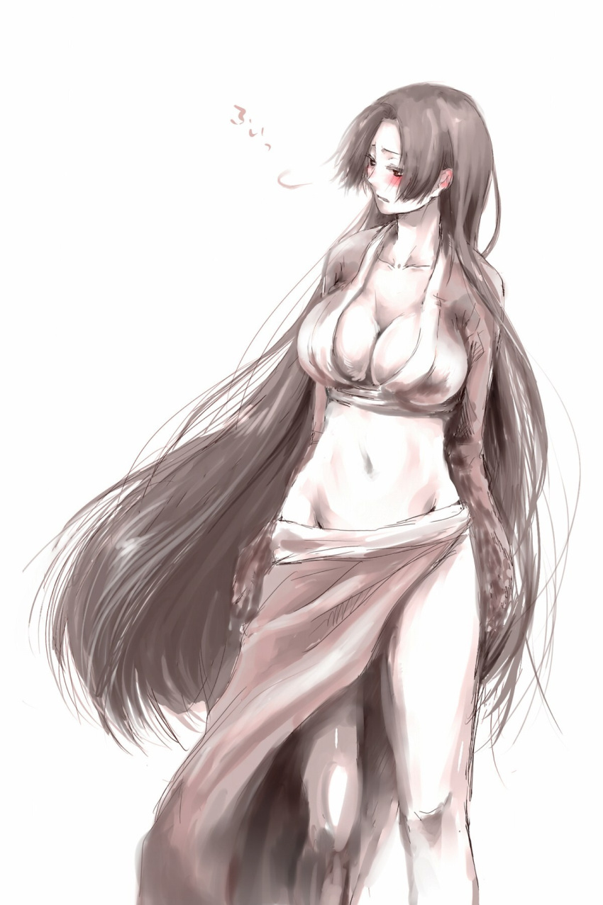 bad_id bad_pixiv_id blush boa_hancock breasts cleavage crop_top female highres large_breasts long_hair midriff mochi_mocchi monochrome navel one_piece sketch solo spot_color very_long_hair