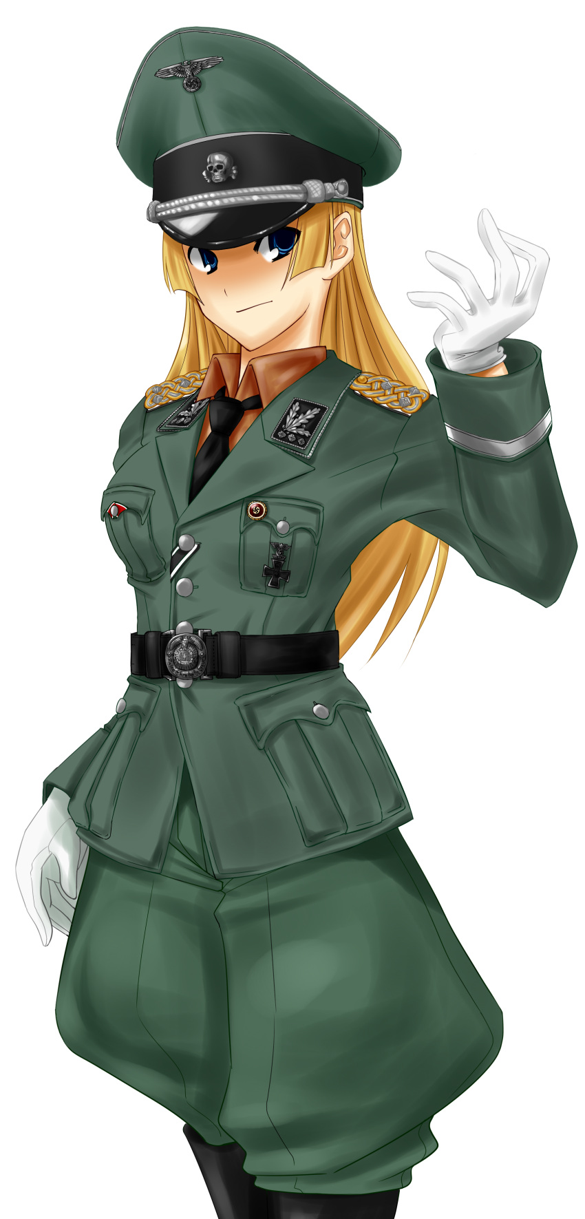 absurdres ankorosan blonde_hair blue_eyes commentary_request copyright_request cross female gloves hat highres iron_cross long_hair military military_uniform nazi nazi_party_pin party_pin reichsadler solo totenkopf uniform waffen-ss white_gloves