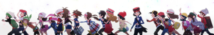 6+boys 6+girls adjusting_clothes adjusting_headwear backlighting backpack backwards_hat bag bandaid bandana baseball_cap beanie beret black_hair bloom blue_eyes blue_hair blue_oak bob_cut brendan_(pokemon) brown_bag brown_eyes brown_hair bruise bruise_on_face bucket_hat calem_(pokemon) cardigan cocoloco dawn_(pokemon) denim denim_shorts dress elio_(pokemon) ethan_(pokemon) everyone eyewear_on_head floral_print gloria_(pokemon) gloves gotcha! green_headwear grey_cardigan grin hair_bun hair_through_headwear hand_on_headwear hand_up hat highres hilbert_(pokemon) hilda_(pokemon) holding_bandaid holding_hands hood hooded_cardigan hoodie index_finger_raised injury jacket jeans kris_(pokemon) leaf_(pokemon) light_particles long_hair looking_at_viewer lucas_(pokemon) lyra_(pokemon) may_(pokemon) multiple_boys multiple_girls nate_(pokemon) pants pantyhose pink_dress poke_ball_print pokemon pokemon_bw pokemon_bw2 pokemon_dppt pokemon_emerald pokemon_frlg pokemon_gsc pokemon_hgss pokemon_rse pokemon_sm pokemon_swsh pokemon_xy red_(pokemon) red_headwear rosa_(pokemon) running scarf selene_(pokemon) serena_(pokemon) shirt short_hair shorts silver_(pokemon) simple_background single_hair_bun skirt sleeveless sleeveless_jacket smile sun_hat sunglasses suspender_shorts suspenders sweatdrop swept_bangs tam_o'_shanter thighhighs tied_shirt tripping twintails victor_(pokemon) visor_cap walking wide_image wristband