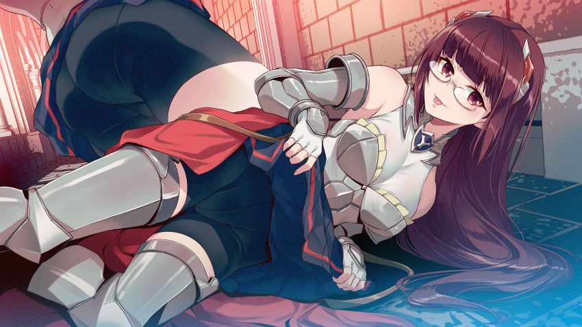 40hara alicia_crystella armor ass bare_shoulders clothes_lift female fingerless_gloves glasses gloves highres isekai_maou_to_shoukan_shoujo_no_dorei_majutsu long_hair looking_at_viewer lying multiple_views official_art on_side pantylines purple_eyes purple_hair short_shorts shorts skirt skirt_lift tongue tongue_out white_gloves