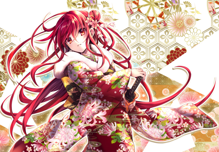 asa_no_ha_(pattern) beads cherry_blossom_print chrysanthemum chrysanthemum_print commentary_request cowboy_shot dahlia egasumi female fighting_stance floral_print flower fur_scarf furisode genjiguruma hair_beads hair_bun hair_flower hair_ornament japanese_clothes kanoko_(pattern) katana kikkoumon kikumon kimono kojitsunagi_(pattern) long_hair long_sleeves parted_lips partial_commentary photoshop_(medium) ready_to_draw red_eyes red_hair red_kimono sayagata shakugan_no_shana shana single_side_bun solo sword tachitsu_teto unmoving_pattern very_long_hair weapon white_background