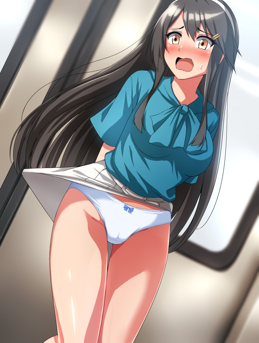 absurdres accidental_exposure arms_behind_back black_hair blue_shirt blush bow bow_panties brown_eyes commentary_request commission cowboy_shot female hairband haruna_(kancolle) highres kantai_collection looking_back nose_blush official_alternate_costume open_mouth panties pantyshot pixiv_commission shirt skirt sliding_doors solo standing underwear unlikely_accident wavy_hair white_hairband white_panties white_skirt zanntetu