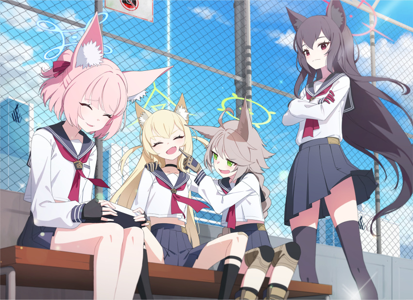 4girls ahoge animal_ear_fluff animal_ears bandaid bandaid_on_knee bandaid_on_leg bench black_choker black_hair black_sailor_collar black_skirt blonde_hair blue_archive blush chain-link_fence choker closed_eyes closed_mouth commentary_request crossed_arms fence fox_ears fox_platoon_(blue_archive) gloves green_eyes hair_between_eyes halo highres knee_pads kurumi_(blue_archive) light_brown_hair long_hair long_sleeves looking_at_another looking_at_viewer midriff_peek multiple_girls neckerchief niko_(blue_archive) oerba_yun_fang open_mouth otogi_(blue_archive) outdoors pink_hair pjman pleated_skirt ponytail red_eyes red_gloves red_neckerchief sailor_collar school_uniform serafuku shirt_tucked_in short_hair sitting skirt sky smile two_side_up yukino_(blue_archive)