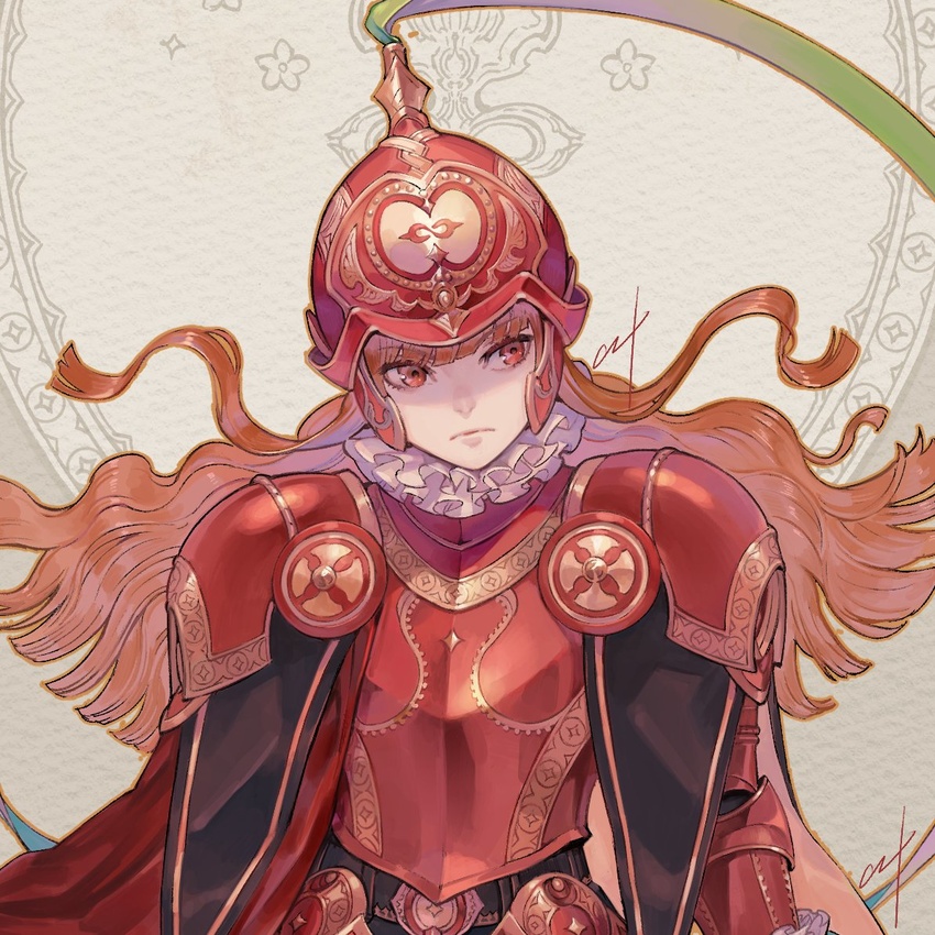 armor belt breastplate brown_hair cape closed_mouth couter cropped expressionless female floating_hair frills gorget head_tilt helmet knight long_hair looking_away neck_ruff nishiki_areku original ornate_armor patterned patterned_background pauldrons red_armor red_cape red_eyes rerebrace rondel shaded_face shoulder_armor sideways_glance signature solo vambraces wavy_hair