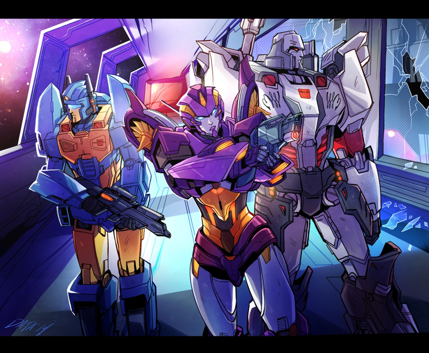 2boys autobot broken_glass dataglitch female glass glowing glowing_eyes gun hallway handgun holding holding_gun holding_weapon insignia letterboxed looking_to_the_side mecha megatron multiple_boys nautica nightbeat no_humans robot science_fiction scope signature space standing transformers weapon