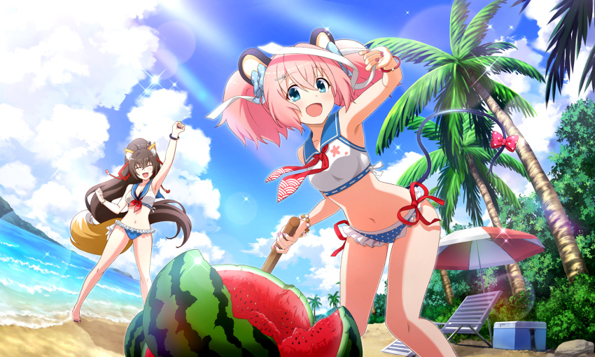 2girls :d ^_^ a_(show_by_rock!!) animal_ear_fluff animal_ears arm_up artist_request bare_shoulders beach bikini blue_bikini blue_eyes blue_sky bow bracelet brown_hair cheering closed_eyes cloud feet_out_of_frame food fox_ears fox_girl fox_tail frilled_bikini frills from_below fruit hair_ribbon hairbow high_ponytail holding holding_blindfold holding_stick horizon jewelry leaning_forward legs_apart light_rays long_hair mouse_ears mouse_girl mouse_tail multiple_girls navel neckerchief ocean official_art open_mouth outdoors outstretched_arm palm_tree parasol pink_hair ponytail red_neckerchief ribbon sailor_bikini sailor_collar short_hair short_twintails show_by_rock!! sky smile sparkle standing stick stomach suikawari summer sunbeam sunlight swimsuit tail tail_bow tail_ornament third-party_source tree twintails umbrella un_(show_by_rock!!) water watermelon