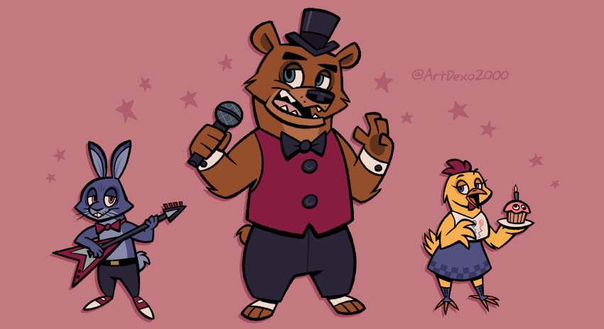 2024 3_toes 4_fingers absurd_res anthro artdexo2000 avian bear bib bird black_nose blue_body blue_fur bonnie_(fnaf) bottomwear bow_tie brown_body brown_fur chica_(fnaf) chicken clothed clothed_anthro clothed_female clothed_male clothing cuffs_(clothing) cupcake cupcake_(fnaf) electronics feathers feet female fingers five_nights_at_freddy's food footwear freddy_(fnaf) fur galliform gallus_(genus) group guitar hat headgear headwear hi_res hindpaw humanoid_hands lagomorph leporid male mammal microphone musical_instrument pants paws phasianid plucked_string_instrument rabbit scottgames shoes skirt spats string_instrument toes top_hat topless topless_anthro topless_male topwear trio vest yellow_body yellow_feathers