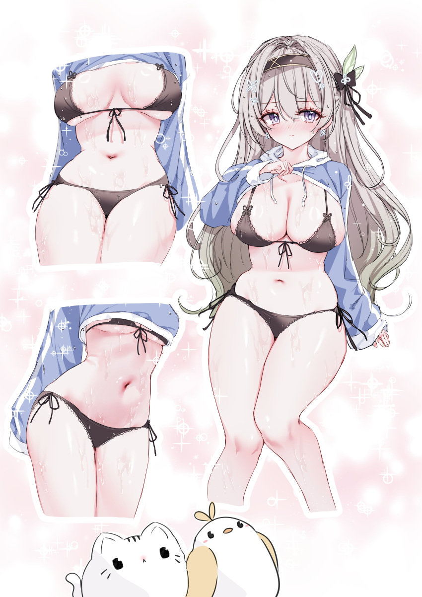 absurdres animal bikini bikini_under_clothes bird black_bikini black_hairband blue_archive blue_hoodie breasts cleavage commentary_request cosplay cropped_hoodie cropped_legs drawstring feline female firefly_(honkai:_star_rail) front-tie_bikini_top front-tie_top grey_hair hair_between_eyes hairband highres honkai:_star_rail honkai_(series) hood hood_down hoodie long_hair long_sleeves medium_breasts moe_(blue_archive) moe_(swimsuit)_(blue_archive) moe_(swimsuit)_(blue_archive)_(cosplay) multiple_views navel puffy_long_sleeves puffy_sleeves purple_eyes side-tie_bikini_bottom sleeves_past_wrists swimsuit tandohark very_long_hair white_cat