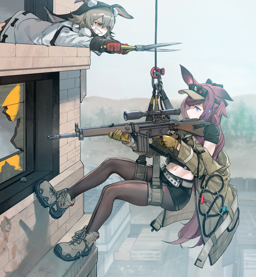 2girls absurdres animal_ear_fluff animal_ears arknights battle_rifle belt black_shirt black_shorts caper_(arknights) commission crop_top dress gloves grey_belt grey_footwear grey_hair grin gun h&k_g3 highres holding holding_gun holding_weapon long_hair long_sleeves midriff multiple_girls mush navel outdoors pantyhose pantyhose_under_shorts purple_eyes purple_hair rabbit_ears ray_(arknights) red_eyes red_gloves rifle second-party_source shears shirt shoes short_shorts shorts smile sneakers sniper_rifle thighs visor_cap weapon white_dress