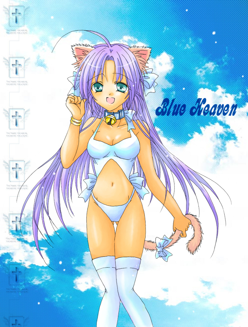 2000s_(style) ahoge animal_collar animal_ears bell blue_bow blue_eyes blue_sky bow bracelet cat_ears cat_tail clothing_cutout cloud collar commentary_request cross english_text female gold_bracelet hairbow hand_up highres holding_own_tail jewelry knees_together_feet_apart kochomi latin_cross light_particles long_hair looking_to_the_side mixed_media neck_bell neck_ribbon one-piece_swimsuit open_mouth original parted_bangs pink_fur purple_hair ribbon sky smile solo stomach_cutout swimsuit tail thighhighs upper_body white_thighhighs