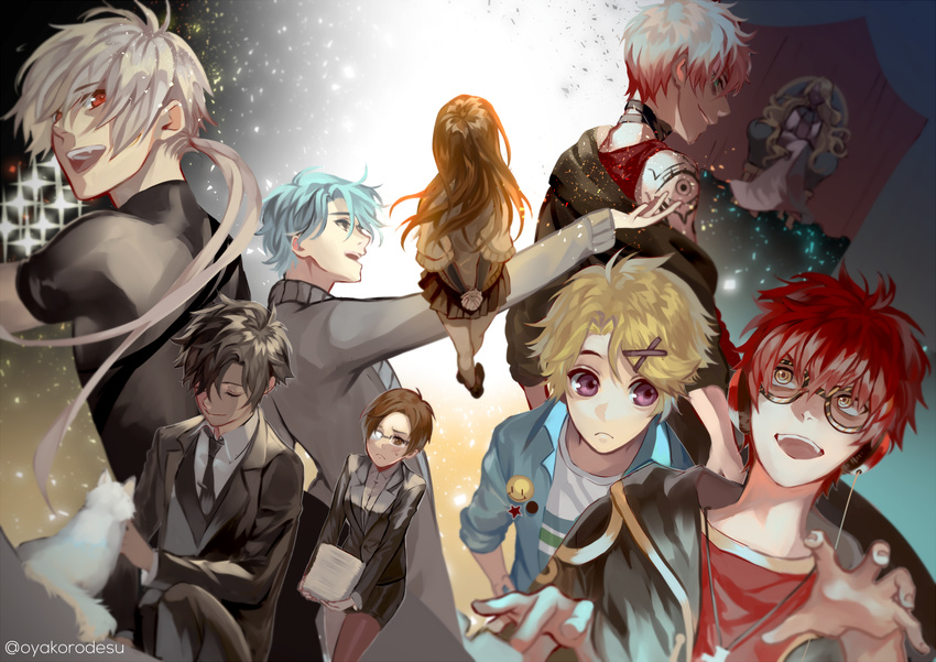 3girls 6+boys 707_(susanghan_messenger) :d arms_behind_back black_hair black_necktie blue_hair blue_shirt closed_eyes commentary_request everyone feline formal glasses hair_ornament hairclip han_jumin headphones hood hoodie jacket kang_jaehee kim_yoosung long_hair long_sleeves looking_at_another looking_back multiple_boys multiple_girls necktie open_clothes open_jacket open_mouth open_shirt outstretched_hand oyakorodesu pencil_skirt pleated_skirt ponytail protagonist_(susanghan_messenger) purple_eyes red_hair rika_(susanghan_messenger) shirt short_hair short_sleeves skirt smile suit susanghan_messenger sweatdrop twitter_username unknown_(susanghan_messenger) v_(susanghan_messenger) white_hair x_hair_ornament zen_(susanghan_messenger)