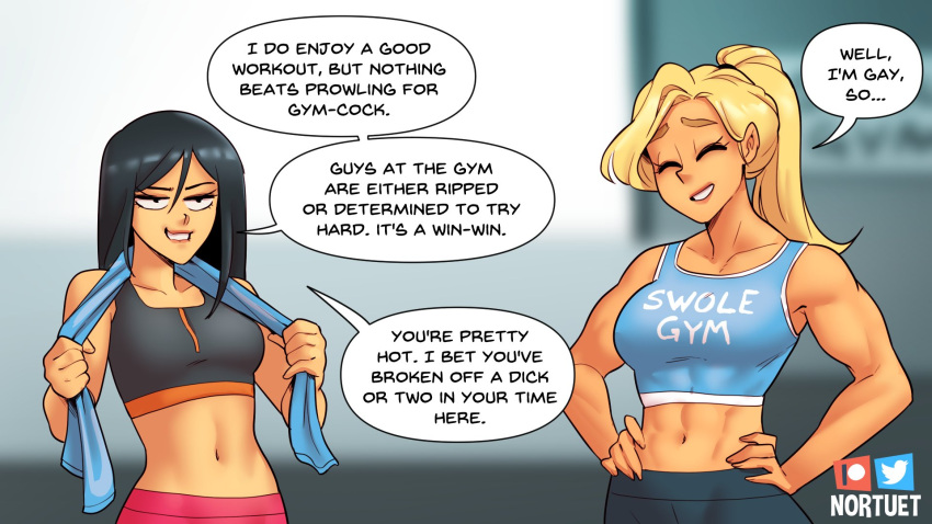 2girls beverly_(nortuet) black_hair black_sports_bra blonde_hair breasts closed_eyes crop_top english_text gym hands_on_own_hips highres medium_breasts midriff multiple_girls muscular muscular_female navel nortuet original ponytail sarah_(nortuet) speech_bubble sports_bra upper_body