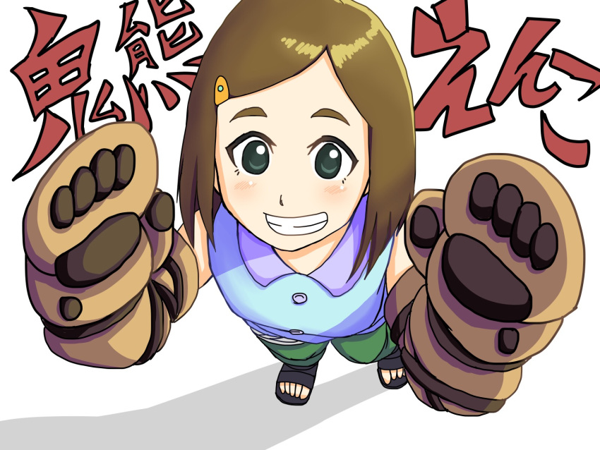 blush boruto:_naruto_next_generations brown_hair commentary_request female gloves hair_ornament hairclip highres kimurayou103 naruto_(series) onikuma_enko sandals solo teeth white_background