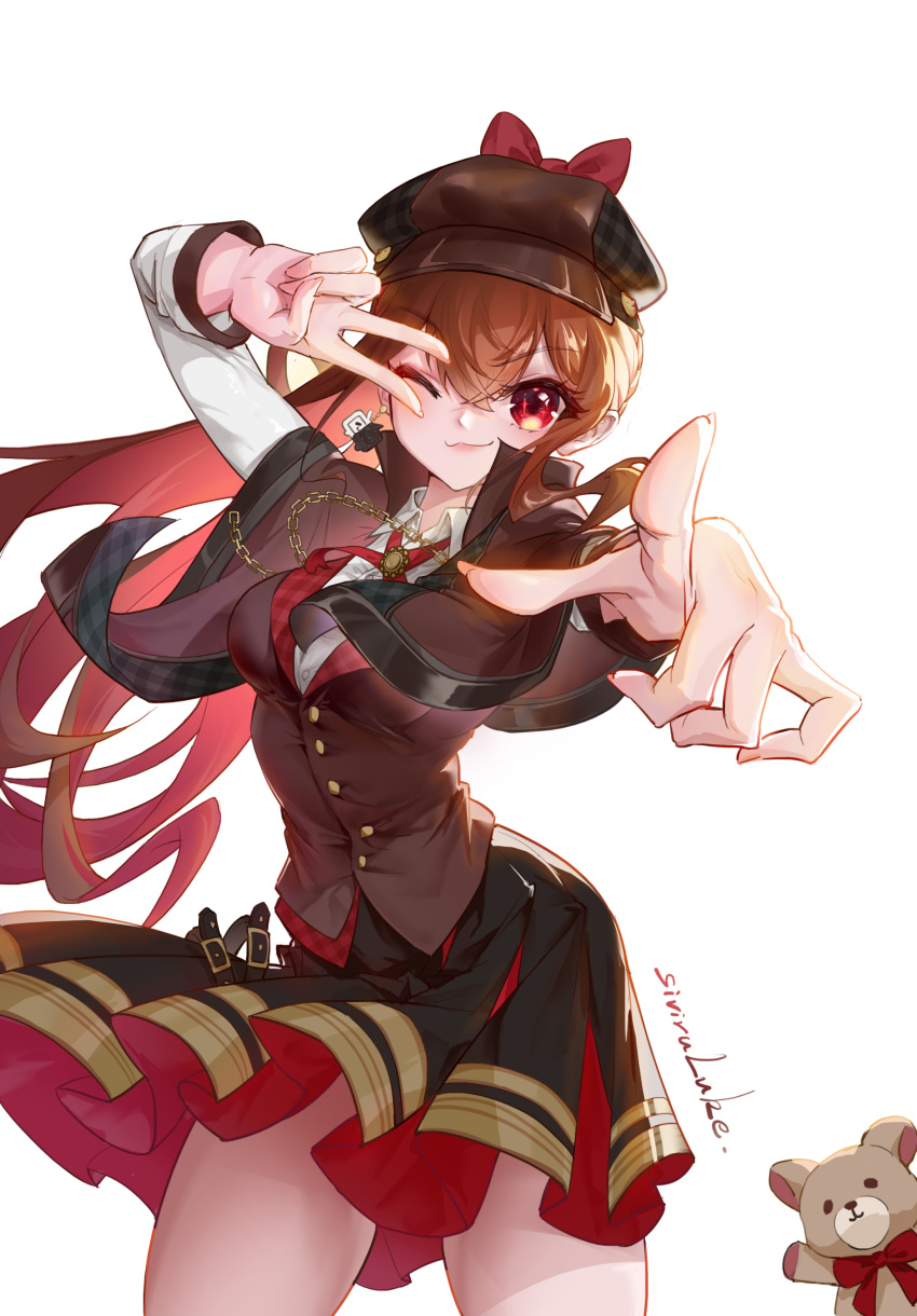 absurdres artist_name black_skirt bow brown_capelet brown_hair brown_hat brown_jacket capelet chiharu_(virtuareal) chinese_commentary female hat hat_bow highres jacket long_hair looking_at_viewer neck_ribbon nijisanji one_eye_closed pink_background pointing red_bow red_eyes red_ribbon ribbon siviru_luke skirt smile solo stuffed_animal stuffed_toy teddy_bear v variant_set virtual_youtuber virtuareal