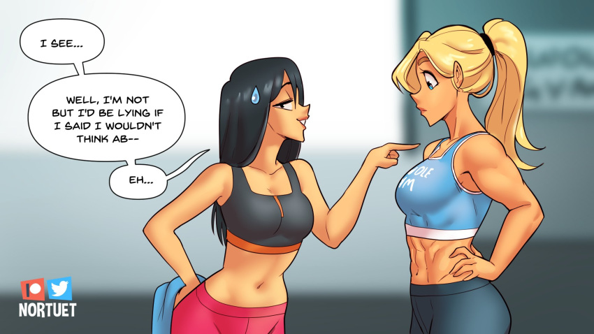 2girls abs beverly_(nortuet) black_hair black_sports_bra blonde_hair breasts crop_top english_text gym hands_on_own_hips highres large_breasts long_hair medium_breasts midriff multiple_girls muscular muscular_female navel nortuet original ponytail sarah_(nortuet) speech_bubble sports_bra sweatdrop upper_body yuri