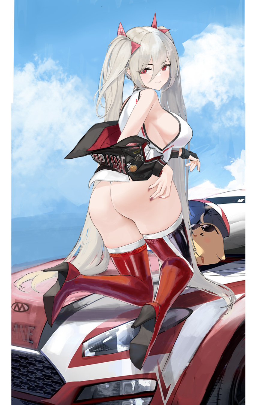 absurdres ass azur_lane bare_shoulders black_gloves blonde_hair blue_sky blush boots bow breasts car clothes_pull copyright_name cropped_jacket day female fingerless_gloves from_behind full_body gloves hair_between_eyes hairbow half-closed_eyes hand_on_own_ass hand_up high_heel_boots high_heels highres jacket jacket_pull kneeling l'audacieux_(azur_lane) l'audacieux_(protector_beneath_the_parasol)_(azur_lane) long_hair looking_at_viewer looking_back manjuu_(azur_lane) motor_vehicle on_vehicle open_clothes open_jacket race_queen red_eyes shirt sideboob skindentation sky sleeveless sleeveless_shirt smile solo suo_bu_ye_feng thigh_boots thighs twintails very_long_hair white_shirt