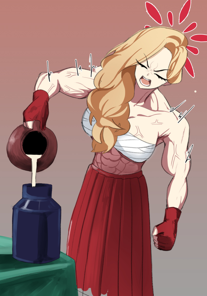 ^^^ abs akemi_(blue_archive) biceps blonde_hair blue_archive breasts chest_sarashi clenched_hand closed_eyes commentary_request feet_out_of_frame female fine_art_parody fingerless_gloves gloves gradient_background halo highres jug_(bottle) large_breasts long_hair long_skirt milk milk_churn muscular muscular_female open_mouth parody pleated_skirt pouring red_gloves red_halo red_skirt sarashi shin_rin skirt solo standing teeth the_milkmaid tongue v-shaped_eyebrows veins veiny_arms veiny_breasts