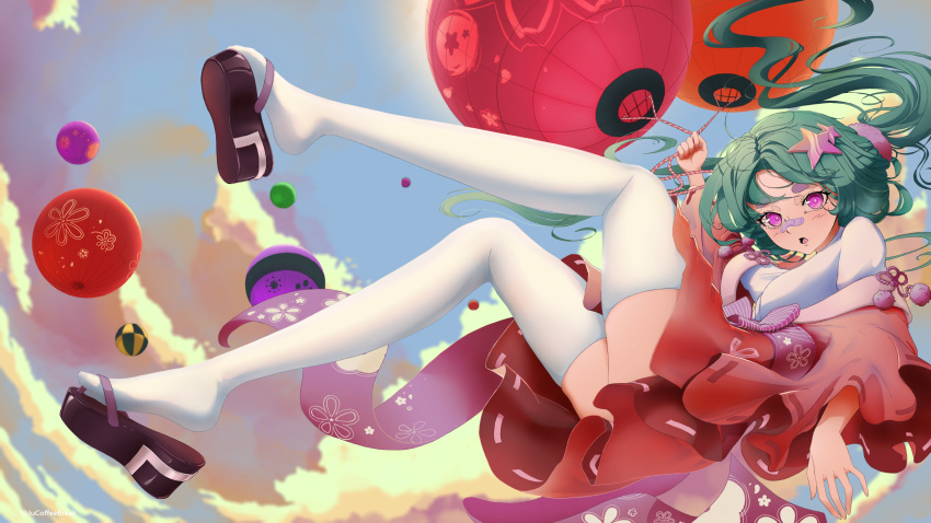 ball balloon bandaid bandaid_on_face bandaid_on_nose blue_sky blush cloud cybertcat day female floating floating_hair green_hair hair_ornament hair_scrunchie highres holding holding_balloon japanese_clothes kimono legs_up long_hair looking_at_viewer low_twintails mocha_(osu!) obi okobo open_mouth osu! pink_eyes pink_sash pink_scrunchie red_kimono sandals sash scrunchie second-party_source shirt short_kimono sky solo star_(symbol) star_hair_ornament thighhighs thighs twintails white_shirt white_thighhighs