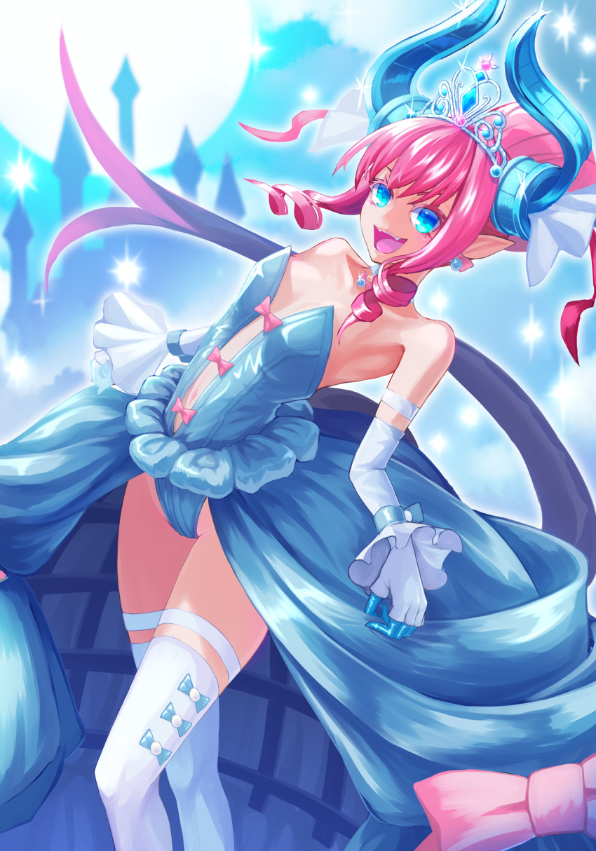 bare_shoulders blue_dress blue_eyes blush breasts choker collarbone commentary_request dragon_horns dragon_tail dress earrings elbow_gloves elizabeth_bathory_(cinderella_rider)_(fate) elizabeth_bathory_(fate) fate/grand_order fate_(series) female gloves hair_bun hair_ribbon harnetyss highres horns jewelry long_hair looking_at_viewer open_mouth pink_hair pointy_ears ribbon sidelocks small_breasts smile solo tail thighhighs tiara white_gloves white_thighhighs