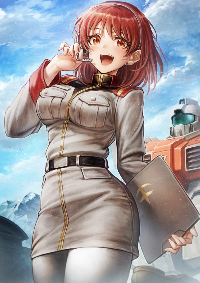 assault_visor blue_sky blue_visor brown_eyes brown_hair building clipboard cloud commentary_request commission earpiece earrings earth_federation female ground_gm gundam gundam_lost_war_chronicles hangar headset highres jewelry mecha medium_hair military military_uniform mountain noel_anderson open_mouth outdoors oyu_udon pantyhose partial_commentary robot short_hair skeb_commission sky smile teeth uniform upper_teeth_only