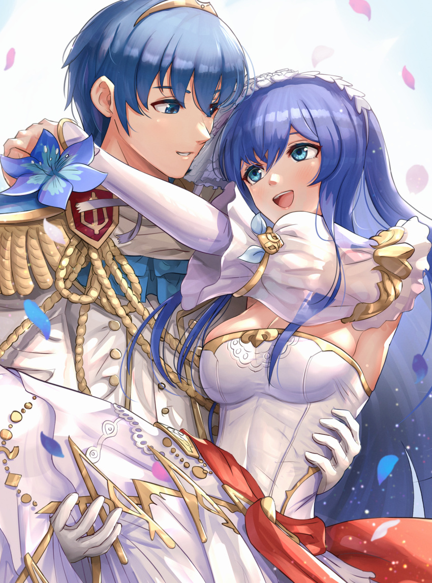 1boy absurdres bare_shoulders blue_eyes blue_hair blush bouquet breasts bridal_gauntlets bridal_veil bride caeda_(bridal)_(fire_emblem) caeda_(fire_emblem) dress elbow_gloves female fingerless_gloves fire_emblem fire_emblem:_mystery_of_the_emblem fire_emblem:_shadow_dragon fire_emblem_heroes flower gloves gonzarez hair_ornament highres husband_and_wife jewelry long_hair marth_(fire_emblem) marth_(groom)_(fire_emblem) open_mouth short_hair smile straight veil wedding_dress white_dress