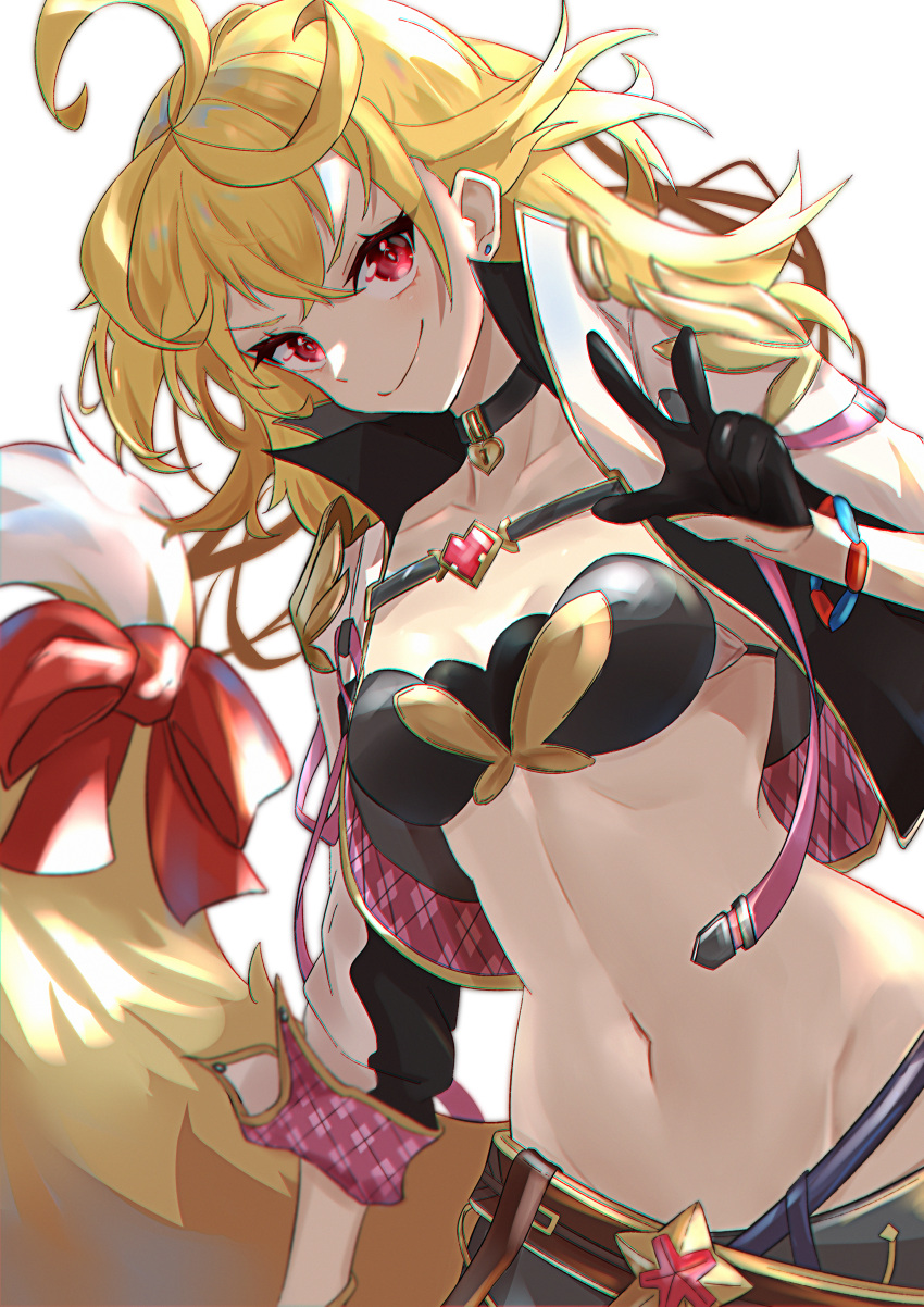 absurdres ahoge bandeau black_choker black_gloves blonde_hair bow breasts chinese_commentary choker commentary_request cropped_jacket earrings female gloves groin half_gloves highres jacket jewelry kai-ri-sei_million_arthur long_hair looking_at_viewer medium_breasts midriff million_arthur_(series) navel open_clothes open_jacket red_bow red_eyes ruosin_(heng02201) simple_background smile solo stomach touzoku_arthur upper_body w white_background