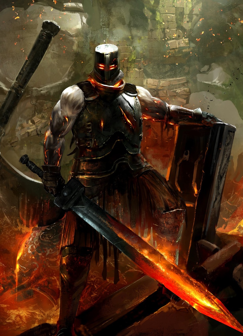 1boy armor biceps breastplate dark_souls_(series) dark_souls_i embers fire full_body gauntlets glowing glowing_eyes glowing_weapon greatsword greaves helmet highres holding holding_sword holding_weapon iron_tarkus kekai_kotaki knight looking_at_viewer male_focus muscular muscular_male outdoors ruins shield solo standing sword weapon