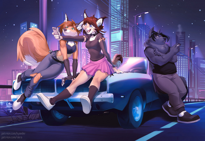 2020 5_fingers anthro arm_warmers armwear athletic athletic_female bangs big_tail black_hair blue_eyes bottomwear breasts brown_hair canid canine canis car cellphone chest_tuft cigarette city clothed clothing collar crop_top detailed_background digital_media_(artwork) dipstick_tail dodge_(brand) dodge_charger electronics felid feline female fingers footwear fox fur furgonomics gakor green_eyes group hair iskra knee_cutout knee_highs knee_socks kordi kyander leaning leaning_backward leaning_on_car leaning_on_object legwear lynx male mammal mane markings midriff miniskirt motor_vehicle multicolored_tail neck_tuft night on_car on_hood open_mouth orange_body orange_fur outside parted_bangs phone plantar_flexion pleated_skirt pose road selfie shirt shoes sitting sitting_on_car sitting_on_vehicle skirt slightly_chubby slightly_chubby_male slim small_waist smartphone smile smoking sneakers socks studded_collar studs swept_bangs synthwave t-shirt tail tail_markings tail_through_skirt taking_picture teeth tongue topwear tuft urban vehicle waist_accessory waist_chain wolf