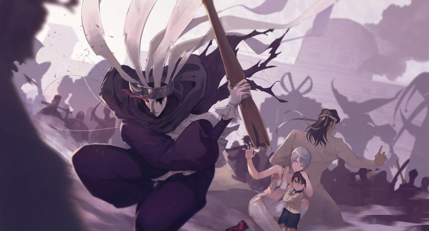 2boys battle brown_eyes brown_hair commentary crowd female fighting_stance gen_(bividgen) gloves glowing glowing_eye grey_eyes grey_pants harlequin_(karakuri_circus) headband highres holding holding_weapon karakuri_circus katou_narumi lolicon long_hair midriff multiple_boys pants puppet red_eyes saiga_masaru shadow shirogane_(karakuri_circus) short_hair shorts silver_hair torn_clothes weapon white_gloves white_headband