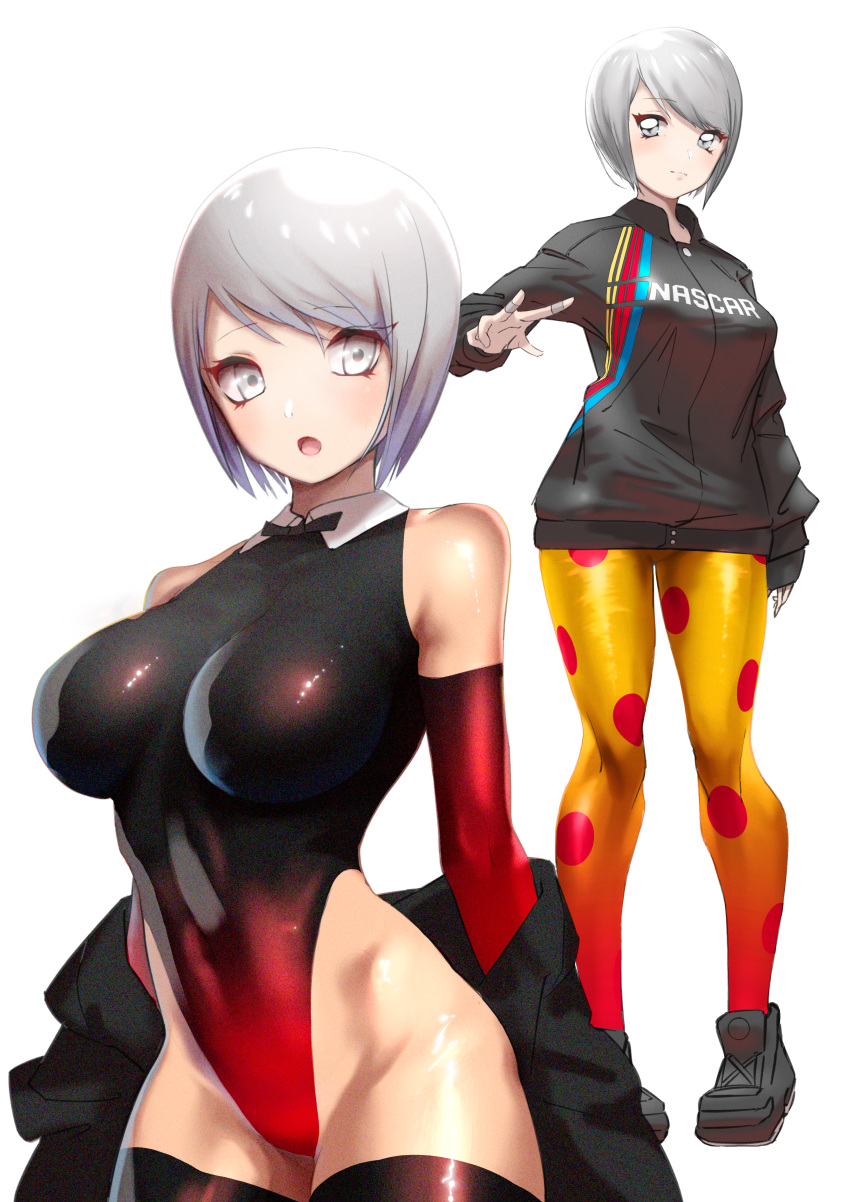 :o absurdres bad_id bad_pixiv_id black_bow black_bowtie black_footwear black_gloves black_jacket bow bowtie breasts commentary_request covered_navel elbow_gloves female gloves grey_eyes grey_hair highres jacket jewelry karakuri_circus large_breasts leotard multiple_views polka_dot polka_dot_legwear ring sakumo_(hrnb0122issy) shirogane_(karakuri_circus) shoes short_hair sleeveless smile standing thighhighs