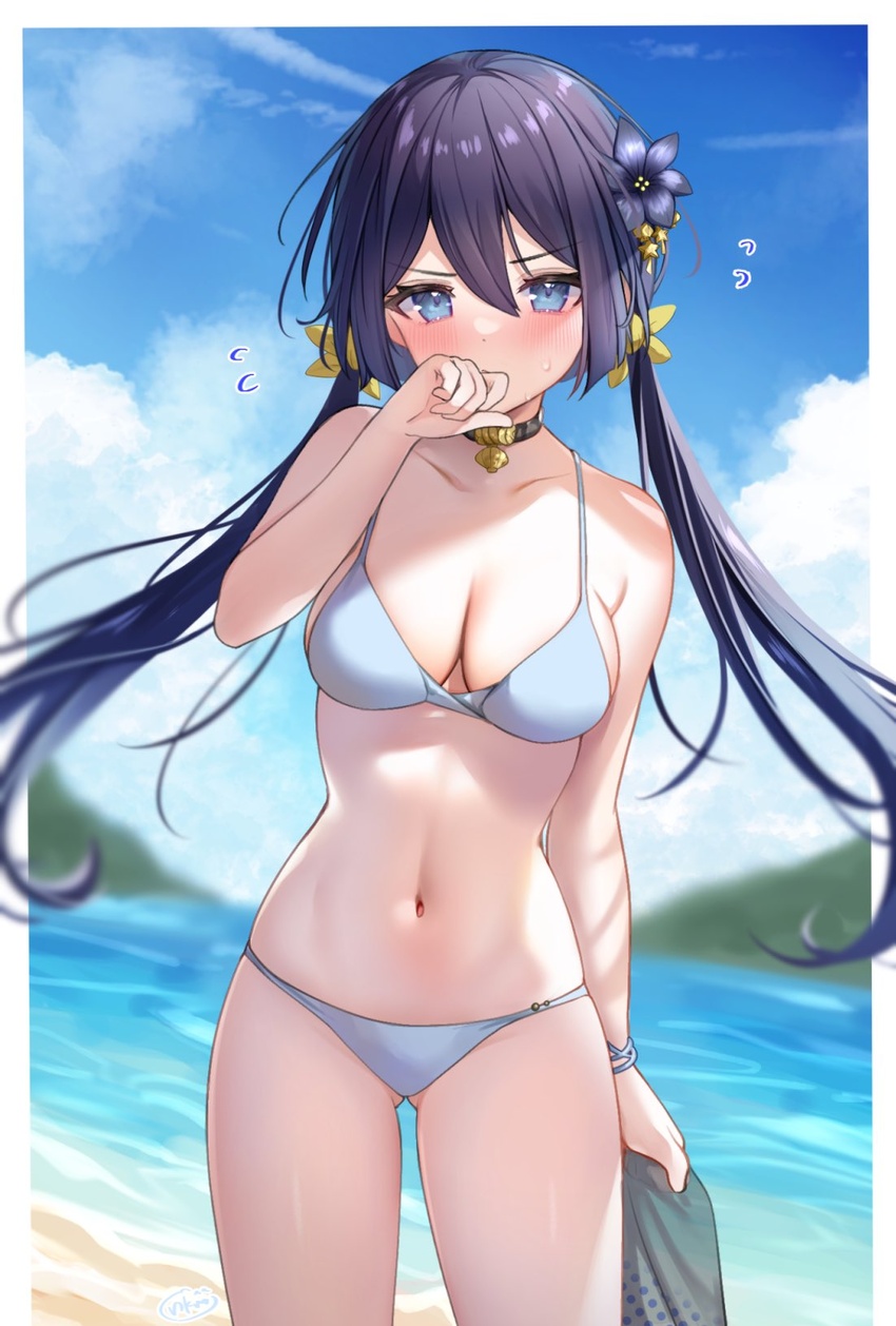 ass_visible_through_thighs bare_arms bare_shoulders beach bikini black_choker black_flower black_hair blue_bikini blue_eyes breasts choker cleavage covering_own_mouth cowboy_shot day female flower flower_knight_girl hair_flower hair_ornament highres kamchatka_lily kuroyuri_(flower_knight_girl) lily_(flower) long_hair looking_at_viewer medium_breasts name_connection navel neco_meito object_namesake outdoors solo standing stomach string_bikini swimsuit thighs twintails v-shaped_eyebrows