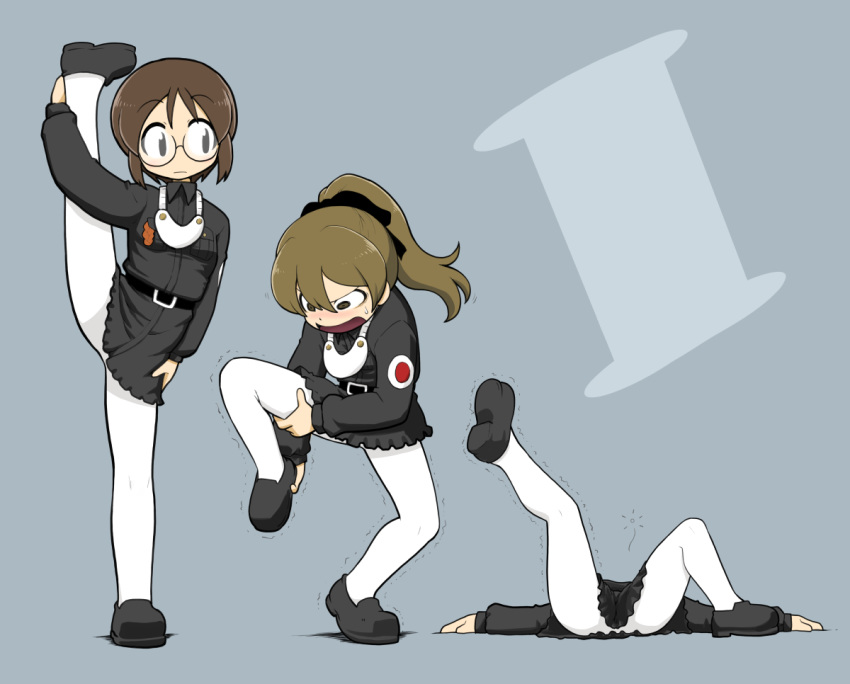 3girls belt black_dress dress failure girls_und_panzer glasses holding inatomi_hibiki japanese_tankery_league_judge_uniform judge leg_up long_hair long_sleeves lying medallion military military_uniform multiple_girls on_back open_mouth pantyhose ponytail sasagawa_kanon short_hair split standing standing_on_one_leg standing_split struggling takashima_remi uniform white_legwear yunji