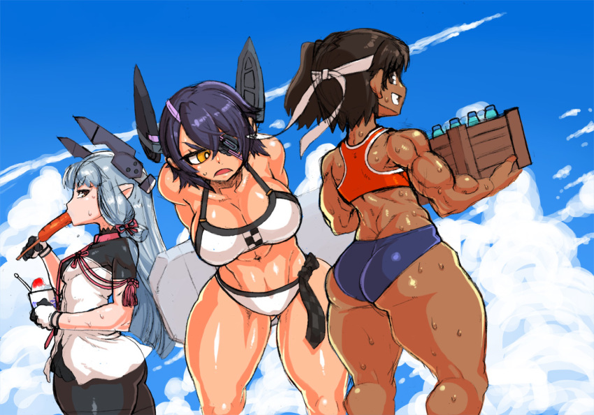 3girls ass back bikini black_hair blue_hair blue_sky bodysuit bottle breasts brown_eyes cleavage cloud commentary_request crate dark-skinned_female dark_skin dress eating eyepatch food gloves grin hair_between_eyes headgear kantai_collection minami_aomori multiple_girls murakumo_(kancolle) murakumo_kai_ni_(kancolle) muscular muscular_female nagara_(kancolle) navel necktie official_alternate_costume pantyhose photoshop_(medium) pointy_ears sausage shaved_ice short_hair sidelocks sky smile sweat sweatdrop swimsuit tenryuu_(kancolle) tenryuu_(swimsuit_mode)_(kancolle) white_bikini yellow_eyes