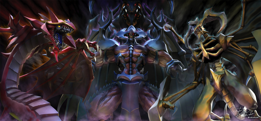 armityle_the_chaos_phantom aura battle black_background blue_skin claws colored_skin dark_aura dragon_wings duel_monster extra_mouth glowing glowing_eyes hamon_lord_of_striking_thunder hanekura_bou highres horns md5_mismatch muscular oerba_yun_fang open_mouth raviel_lord_of_phantasms red_eyes red_skin scales sharp_teeth signature skeletal_arm spikes tail teeth twitter_username uria_lord_of_searing_flames wings yellow_eyes yellow_skin yu-gi-oh!