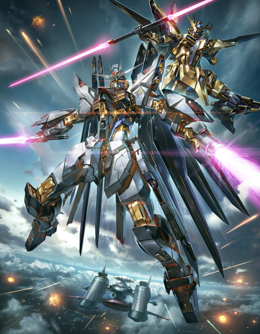 absurdres akatsuki_gundam archangel_(gundam) beam_saber blue_eyes cloud double-blade dual_wielding explosion flying gundam gundam_seed gundam_seed_destiny highres holding mecha mecha_focus mechanical_wings no_humans robot science_fiction sky spacecraft strike_freedom_gundam v-fin wings zhenlin