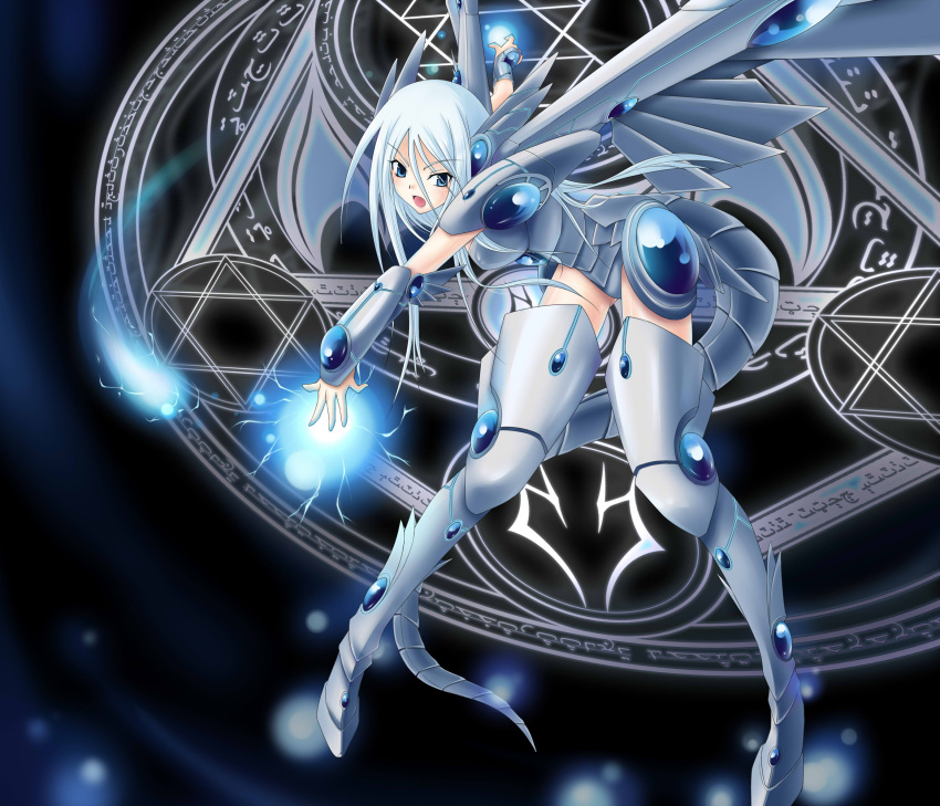 armor blue-eyes_shining_dragon blue-eyes_white_dragon blue_eyes blue_hair commentary_request energy_ball female highres kisara_(yu-gi-oh!) long_hair magic_circle mashimaro_luo photoshop_(medium) solo tail very_long_hair weapon white_hair wings yu-gi-oh! yu-gi-oh!_duel_monsters