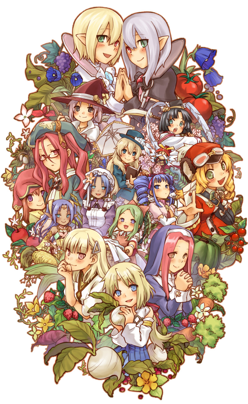 6+girls anette apple bad_id bad_pixiv_id bag bell bianca_elarco_viviage book candy_(rune_factory) carrot cherry corn dark-skinned_female dark_skin detached_sleeves drop_(rune_factory) dual_persona eunice everyone facial_hair feathers fish flower food fruit glasses habit hair_flower hair_ornament hat highres holding holding_book iris_blanche iris_noire jingle_bell junji lara_(rune_factory) maid melody_(rune_factory) messenger_bag minerva_(rune_factory) mist_(rune_factory) moustache multiple_girls nun open_book parasol pointy_ears pumpkin purple_hair red_hair rosetta rune_factory rune_factory_frontier selphy shoulder_bag simple_background smile strawberry symmetrical_hand_pose tabatha top_hat tsubute_(rune_factory) turnip twintails umbrella uzuki_(rune_factory) witch_hat