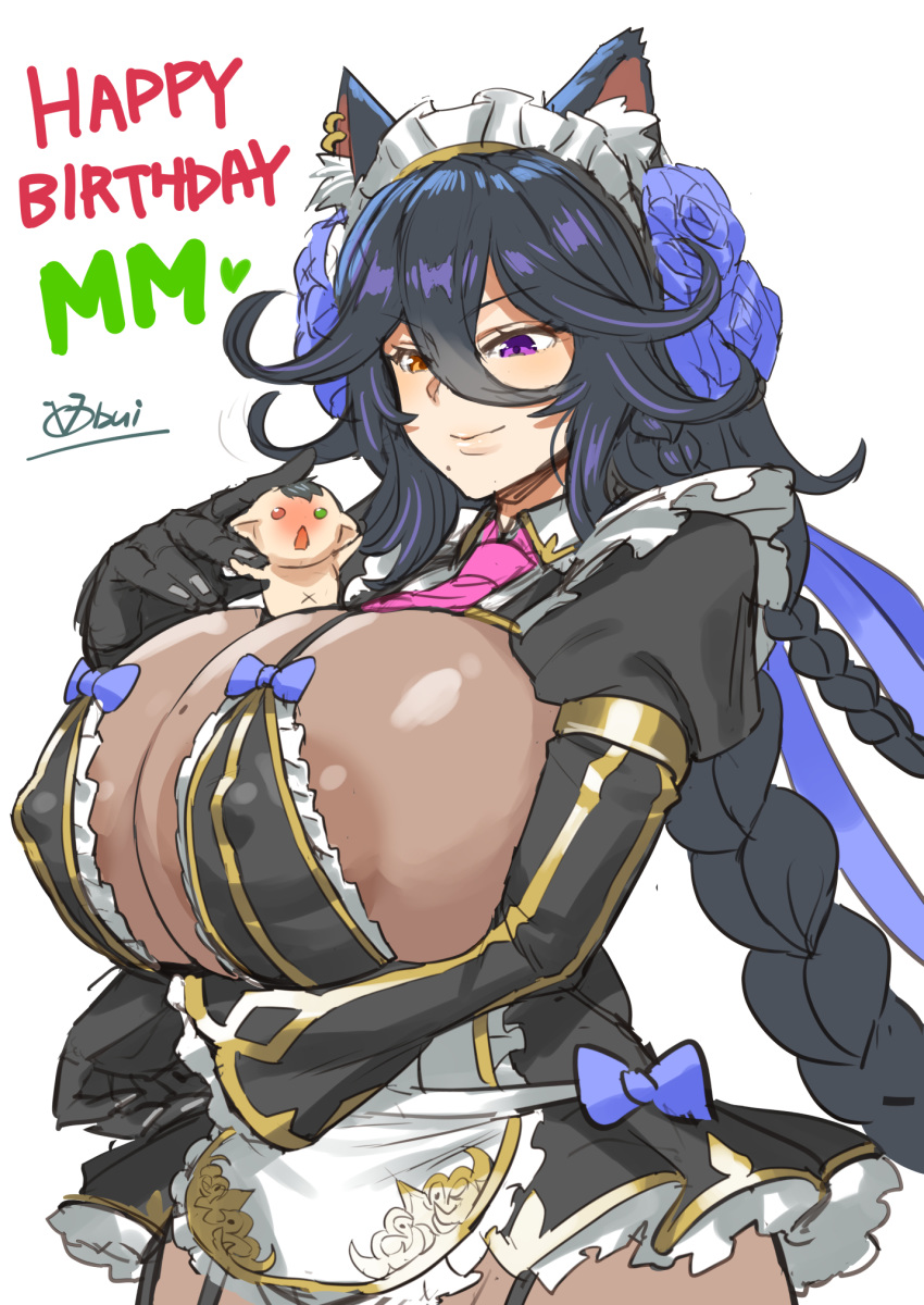 1boy animal_ear_fluff animal_ears apron areola_slip artist_name black_gloves black_hair blue_flower blue_ribbon blue_rose bodystocking braid breasts cat_ears commentary covered_nipples earrings female flipped_hair flower frills gloves green_eyes happy_birthday heterochromia highres huge_breasts jewelry jissouseki juliet_sleeves large_areolae last_origin long_sleeves maid maid_apron mini_person miniboy mole mole_on_breast mole_under_mouth necktie obui orange_eyes parted_lips pink_necktie poi_(last_origin) puffy_sleeves purple_eyes red_eyes ribbon rose rozen_maiden short_necktie smile white_background