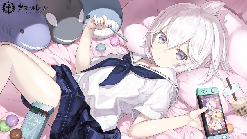 ayanami_(azur_lane) azur_lane bed_sheet blue_neckerchief blue_skirt brand_name_imitation bubble_tea capriccio commentary_request copyright_name cup disposable_cup drinking_straw feet_out_of_frame female fingernails food grey_eyes hair_between_eyes holding javelin_(azur_lane) knees_up laffey_(azur_lane) looking_at_viewer lying macaron neckerchief official_art on_back pillow plaid plaid_skirt pocky sailor_collar shirt short_sleeves skirt solo star_(symbol) stuffed_animal stuffed_orca stuffed_shark stuffed_toy stuffed_whale u-110_(azur_lane) watermark white_hair white_sailor_collar white_shirt yamashiro_(azur_lane)