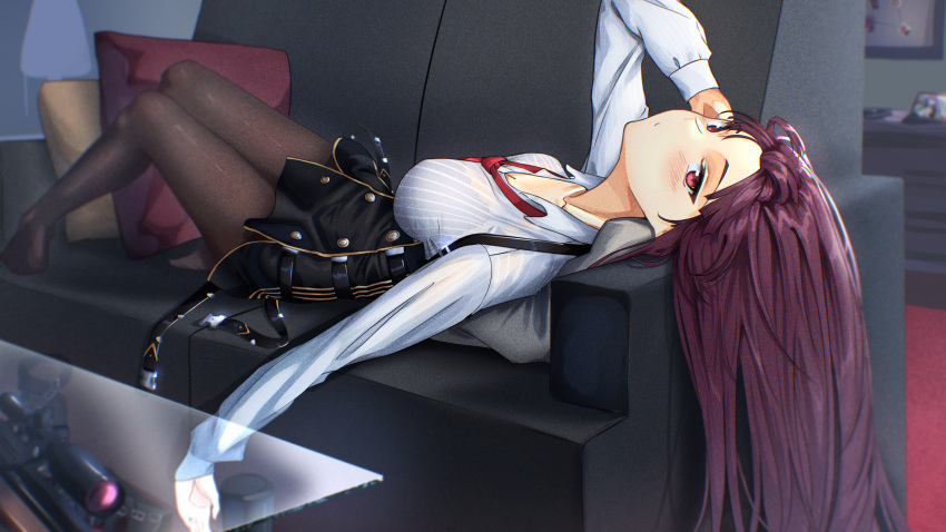 absurdres black_pantyhose black_skirt blurry blush breasts bullpup chromatic_aberration cleavage closed_mouth commentary couch depth_of_field english_commentary female film_grain girls'_frontline glass_table gun highres indoors large_breasts long_hair long_sleeves looking_at_viewer lying necktie on_back pantyhose puffy_sleeves purple_hair red_eyes red_necktie rifle see-through see-through_shirt shidoni shirt skirt sniper_rifle solo striped_clothes striped_shirt table vertical-striped_clothes vertical-striped_shirt wa2000_(girls'_frontline) walther walther_wa_2000 weapon white_shirt