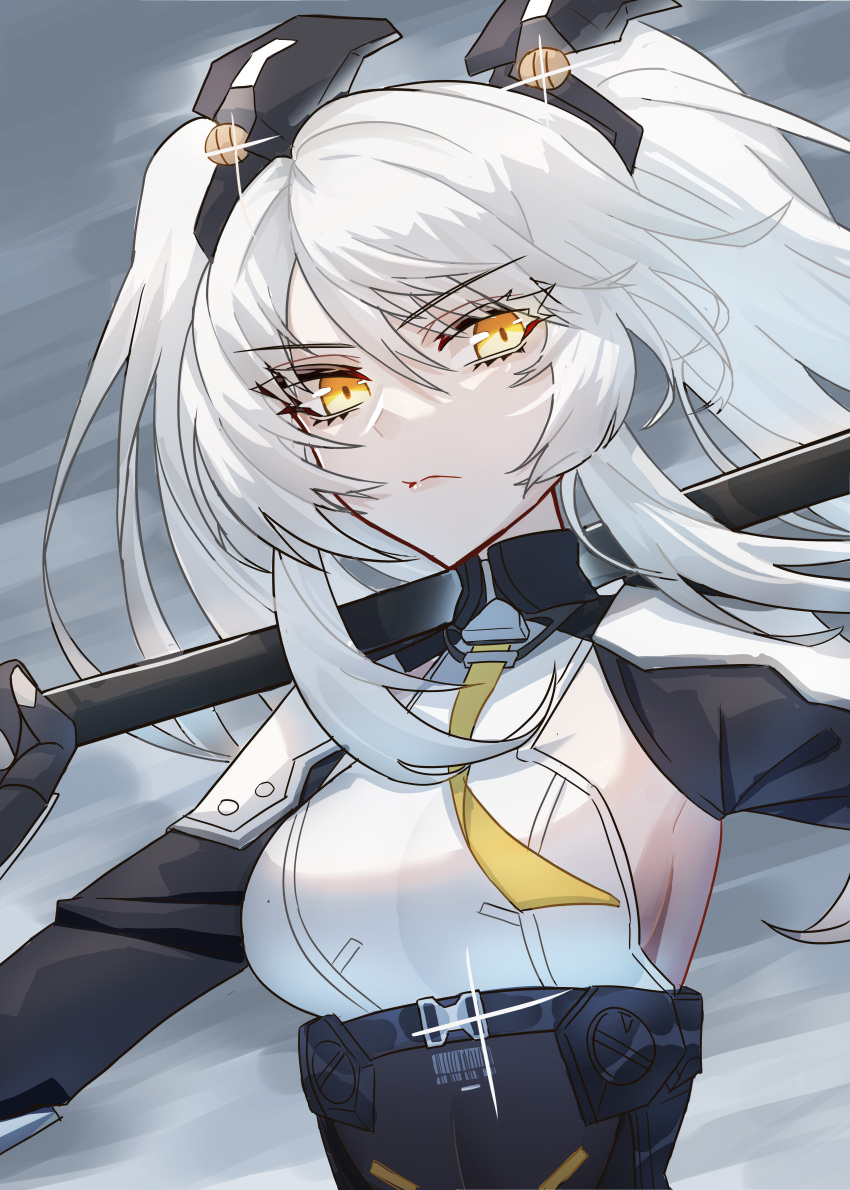 absurdres breasts closed_mouth cloud cloudy_sky detached_sleeves female grey_hair hair_between_eyes highres holding holding_polearm holding_weapon karenina:_scire_(punishing:_gray_raven) karenina_(punishing:_gray_raven) kongbai_huanxiang long_hair long_sleeves necktie orange_eyes polearm punishing:_gray_raven sideboob sidelocks sky small_breasts solo two_side_up weapon yellow_necktie