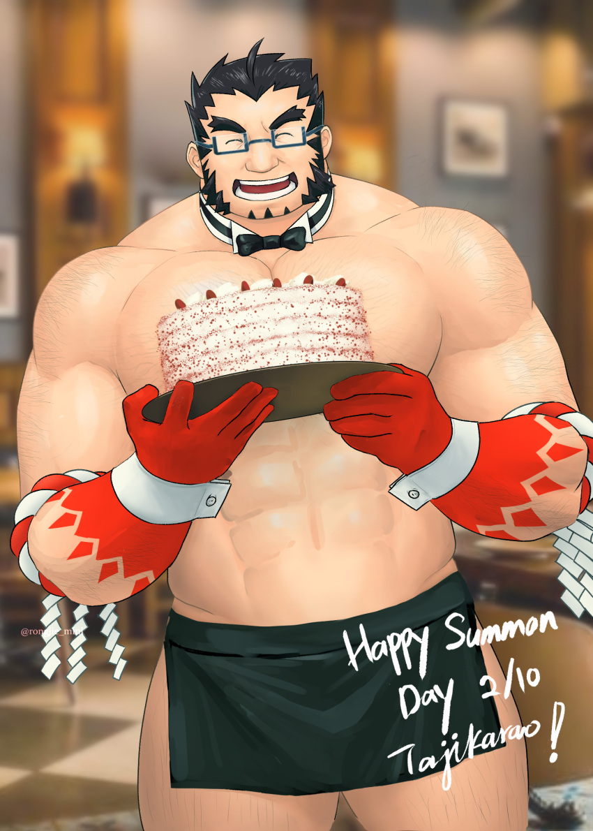 1boy apron bara cake colored_skin cowboy_shot facing_viewer food forked_eyebrows glasses gradient_skin hairy happy_birthday highres holding holding_cake holding_food large_pectorals male_focus mature_male muscular muscular_male mutton_chops naked_apron pectorals red_skin rongjie short_hair solo sparse_arm_hair strongman_waist tajikarao_(housamo) thick_eyebrows thick_thighs thighs tokyo_afterschool_summoners topless_male tusks waist_apron wrist_cuffs