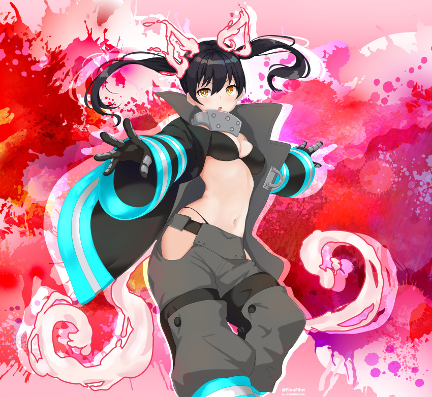 absurdres baggy_pants bikini black_bikini black_coat blush breasts bright_pupils coat commentary curvy en'en_no_shouboutai feet_out_of_frame female fiery_ears fiery_tail finn_flint floating_hair grey_pants hair_between_eyes highres hip_vent long_hair looking_at_viewer medium_breasts metal_gloves navel open_clothes open_coat open_mouth outstretched_arms outstretched_hand pants red_background simple_background solo standing stomach swimsuit tail tamaki_kotatsu twintails v-shaped_eyebrows yellow_eyes