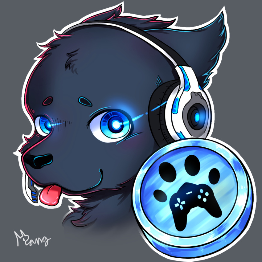 1:1 blue_eyes canid canine canis controller domestic_dog electronics face_only game_controller gaming glowing glowing_eyes headgear headphones headset headshot_portrait hi_res icon male mammal navy_fur nello_the_tiger portrait solo tongue tongue_out