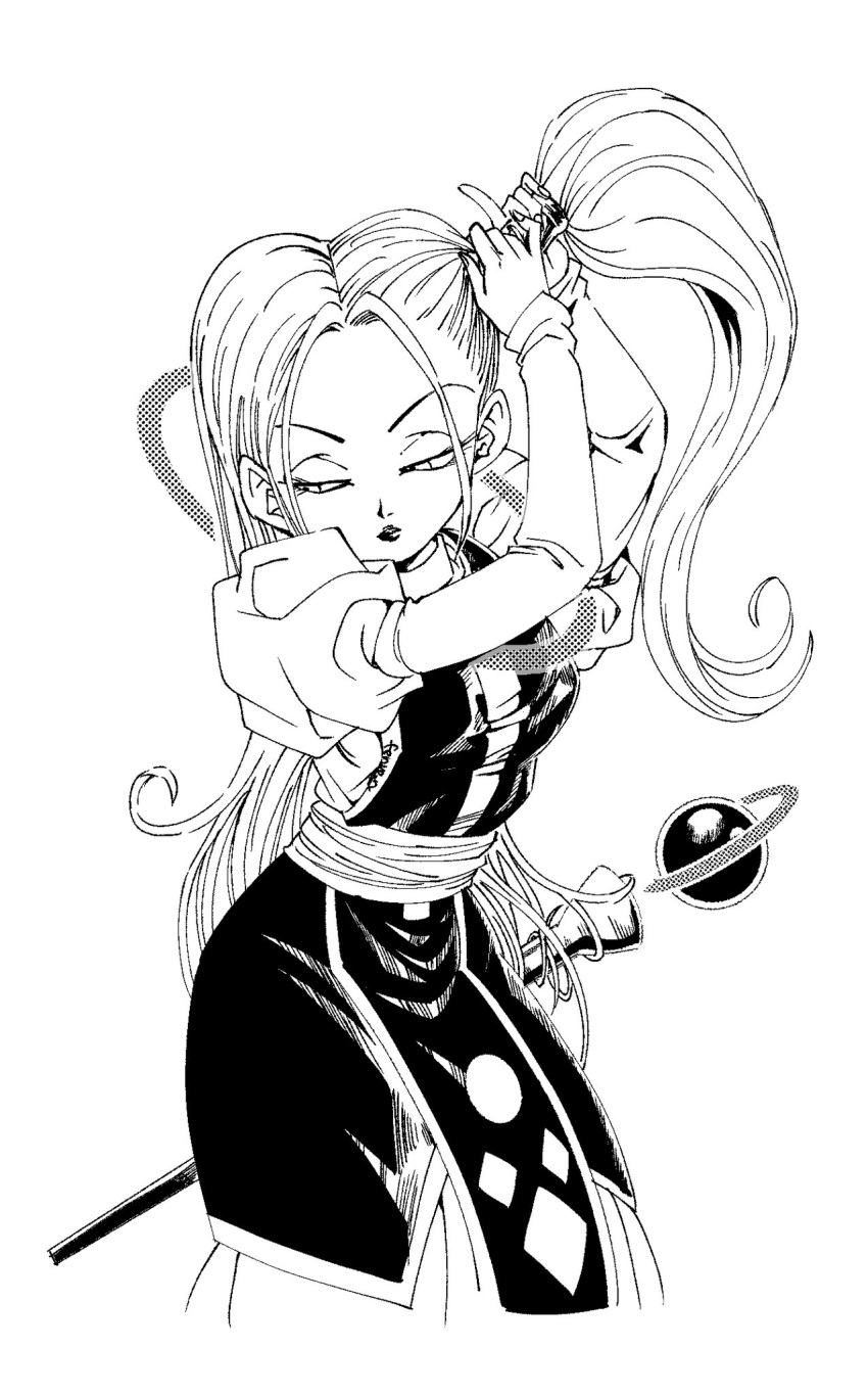 breasts dragon_ball dragon_ball_super female fenyon greyscale half-closed_eyes highres jewelry juliet_sleeves lipstick long_hair long_sleeves looking_to_the_side makeup marcarita medium_breasts monochrome neck_ring parted_bangs parted_lips puffy_sleeves side_ponytail signature solo staff tying_hair very_long_hair