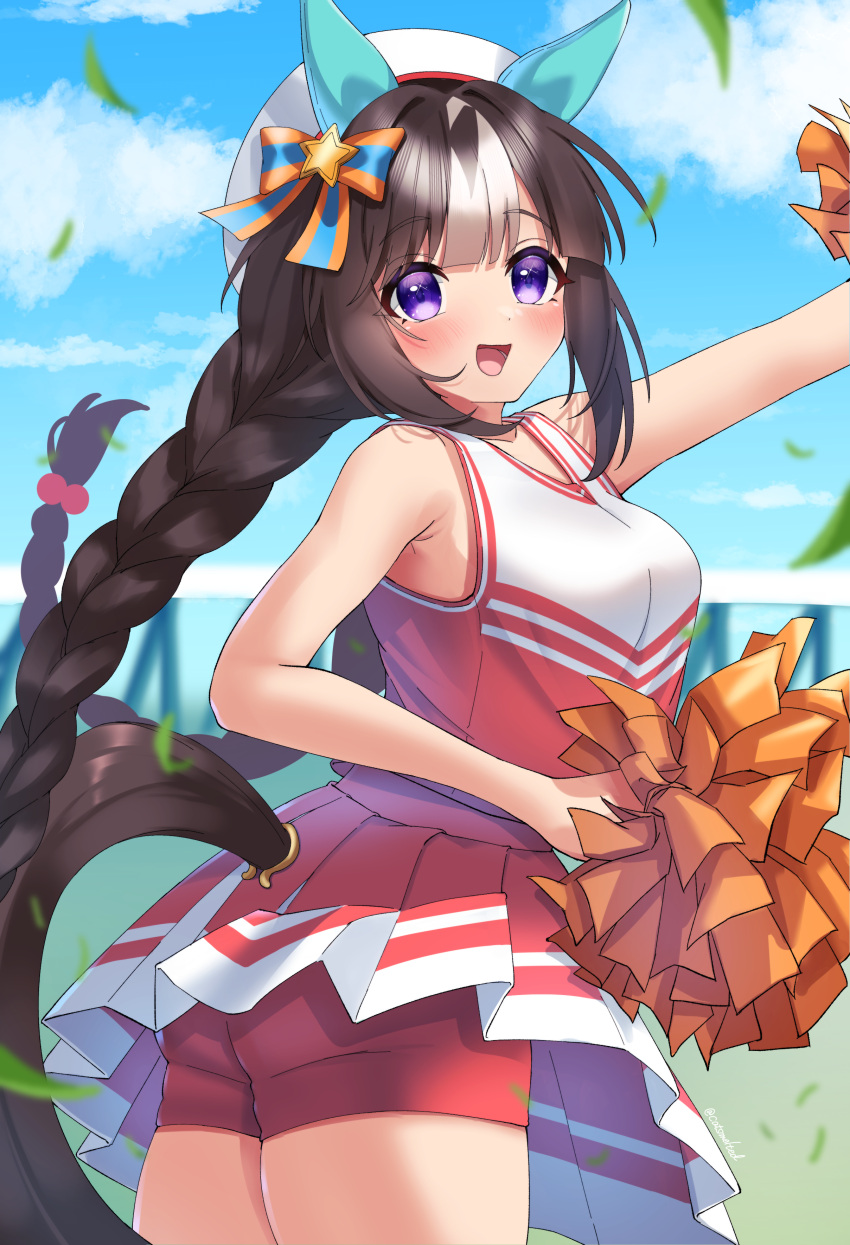 absurdres alternate_costume animal_ears armpits beret black_hair blurry blurry_background blush breasts cheerleader cleavage commentary_request female hair_ornament hat highres hokko_tarumae_(umamusume) horse_ears horse_girl horse_tail long_hair looking_at_viewer medium_breasts open_mouth pom_pom_(cheerleading) shorts sky solo tail toketa_neko umamusume